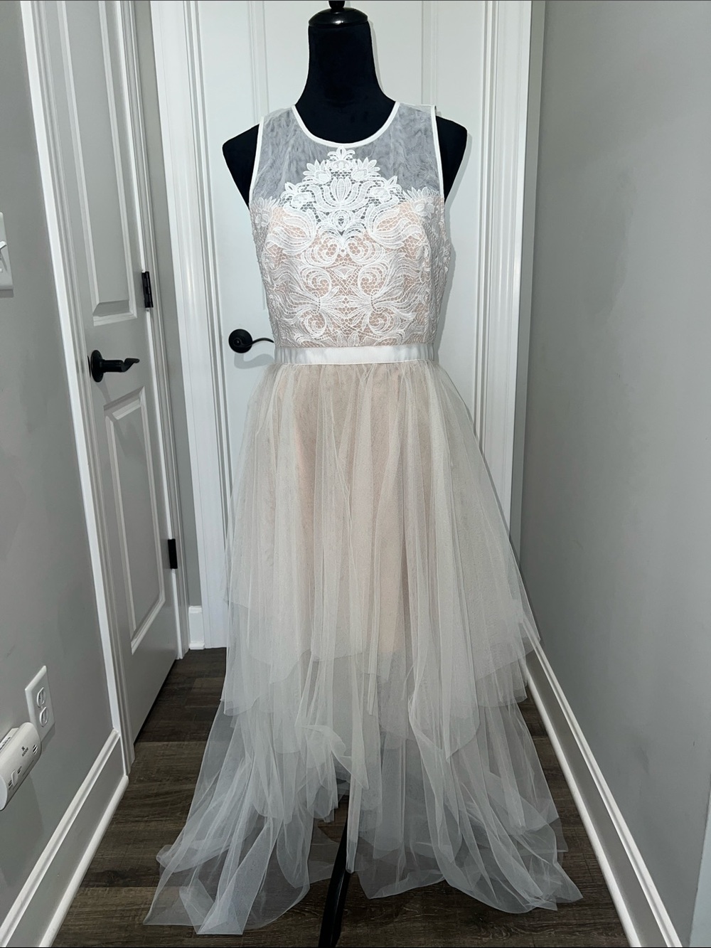 BCBGMaxAzria White Lace Bodice Cream Tulle High-Low Dress